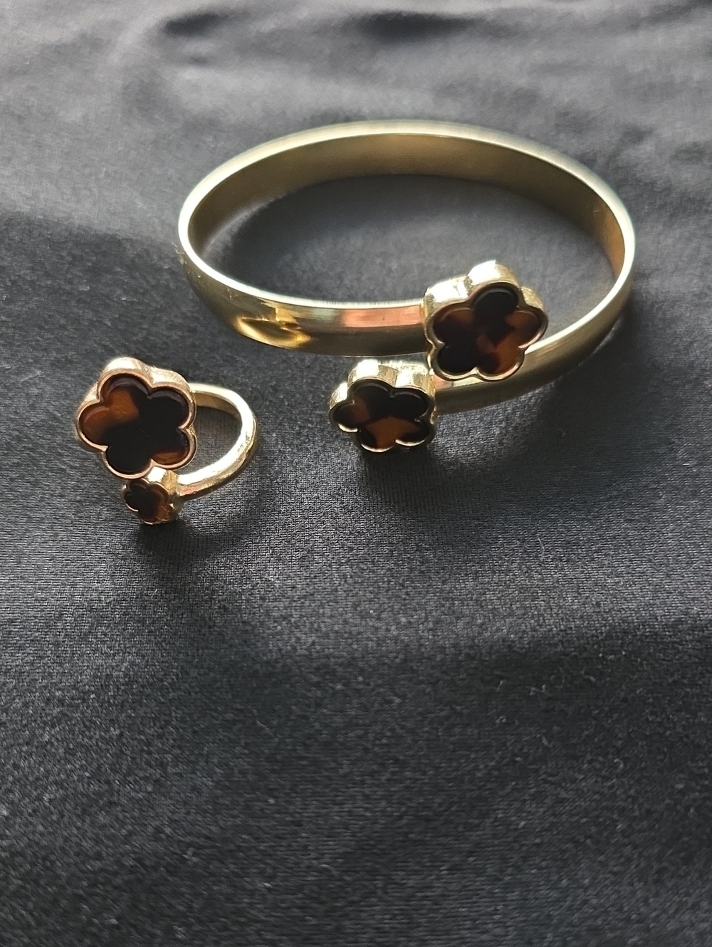 Gold Floral Claddagh-Style Bracelet and Ring Set - Brown Flower Accents
